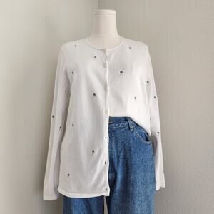 Vintage EP Pro White Embroidered Yellow Blue Floral Cardigan Sweater L Cottage